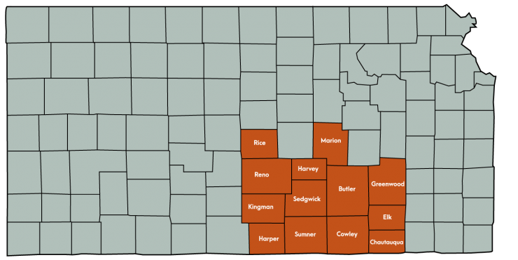 Kansas Map Featuring the following counties: Butler, Chautauqua, Cowley, Elk, Greenwood, Harper, Harvey, Kingman , Marion, Reno, Rice, Sedgwick, Sumner