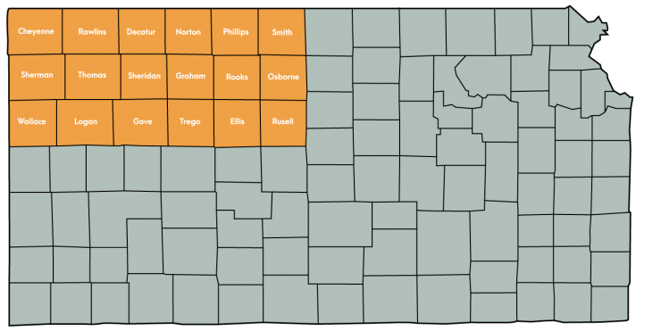 Kansas Map Featuring the following counties: Cheyenne, Decatur, Ellis, Gove, Graham, Logan, Norton, Osborne, Phillips, Rawlins, Rooks, Russell, Sheridan, Sherman, Smith, Thomas, Trego, Wallace