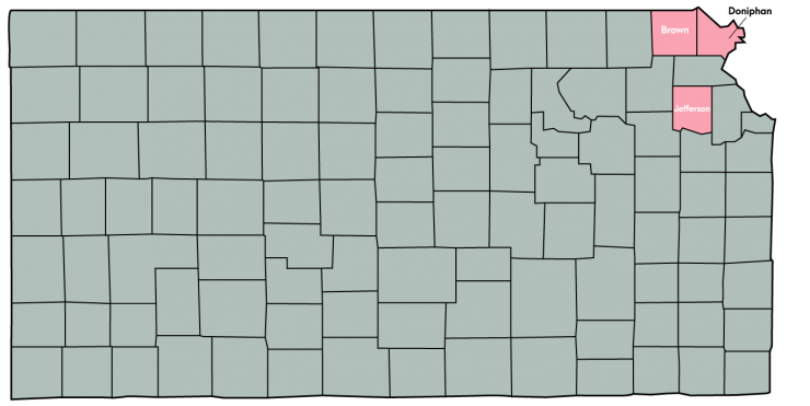 Kansas Map Featuring the following counties: Atchison, Doniphan, Brown, Jackson, Jefferson, and Nemaha
