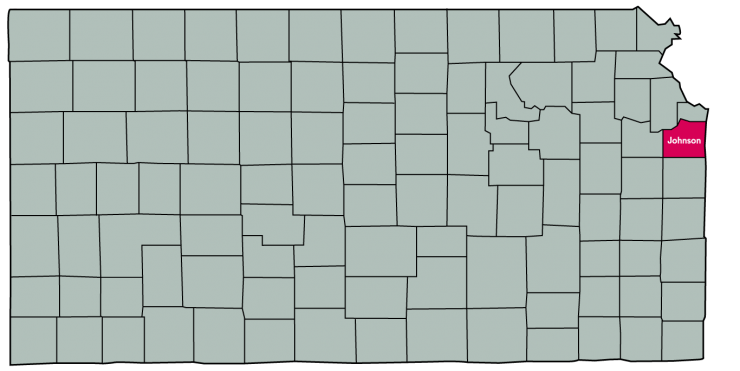 Kansas Map Featuring the following counties: Johnson, Wyandotte, and Leavenworth