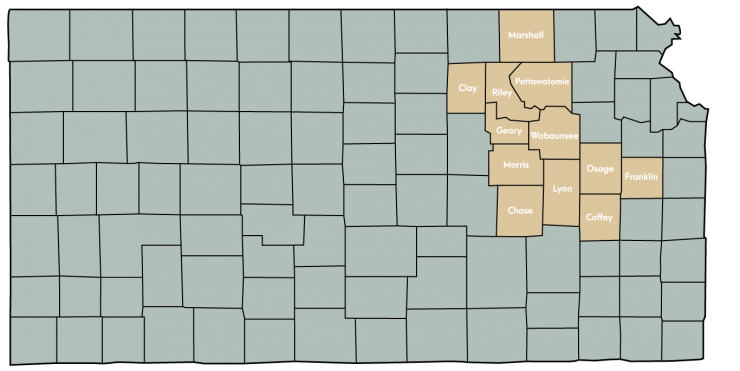 Kansas Map Featuring the following counties: Chase, Clay, Coffey, Franklin, Geary, Leavenworth, Lyon, Marshall, Morris, Osage, Pottawatomie, Riley, Wabaunsee, Wyandotte
