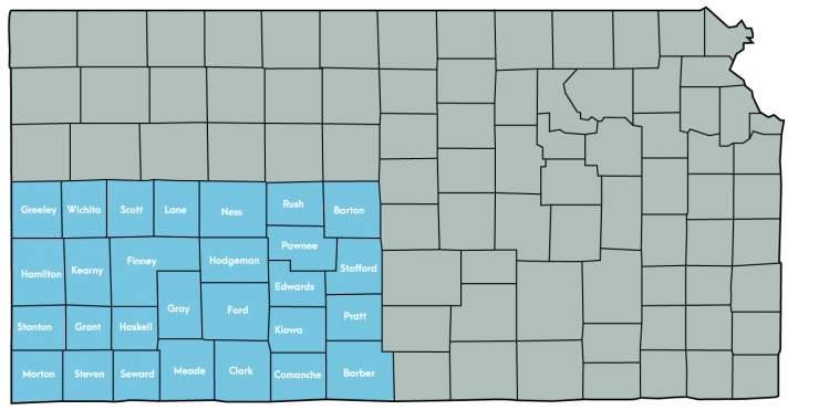 Kansas Map Featuring the following counties: Barber, Barton, Clark, Comanche, Edwards, Finney, Ford, Grant, Gray, Greeley, Hamilton, Haskell, Hodgeman, Kearny, Kiowa, Lane, Meade, Morton, Ness, Pawnee, Pratt, Rush, Scott, Seward, Stafford, Stanton, Steven